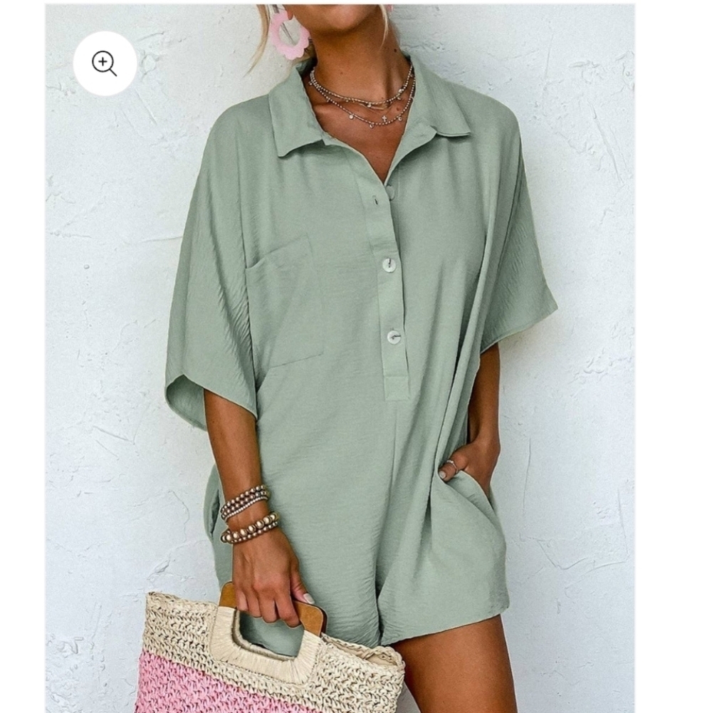Sage Green Half Button Collared Loose Romper Size Small - Picture 3 of 9